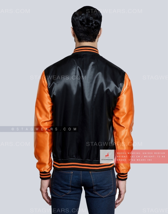 Black body with Orange Sleeves Satin Varsity Jacket Back