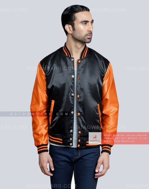 Black body with Orange Sleeves Satin Varsity Jacket Casual