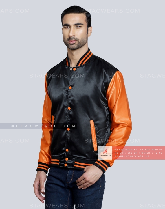 Black body with Orange Sleeves Satin Varsity Jacket Front Side