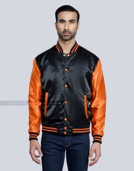 Black body with Orange Sleeves Satin Varsity Jacket