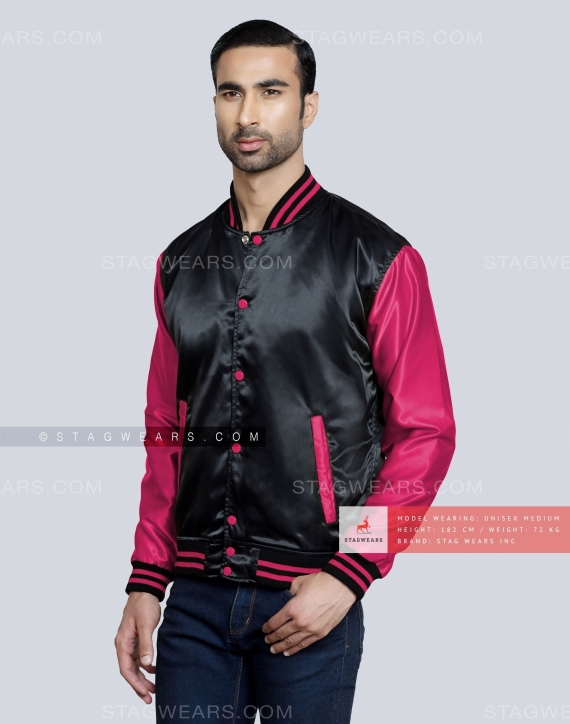 Black body with Pink Satin Varsity Jacket Front Side