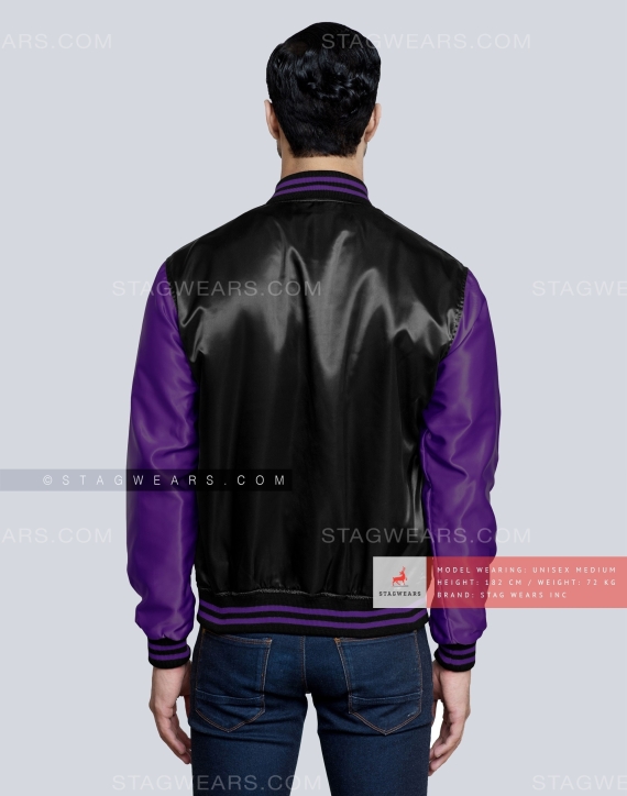 Black body with Purple sleeves Satin Varsity Jacket Back