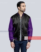 Black body with Purple sleeves Satin Varsity Jacket Casual