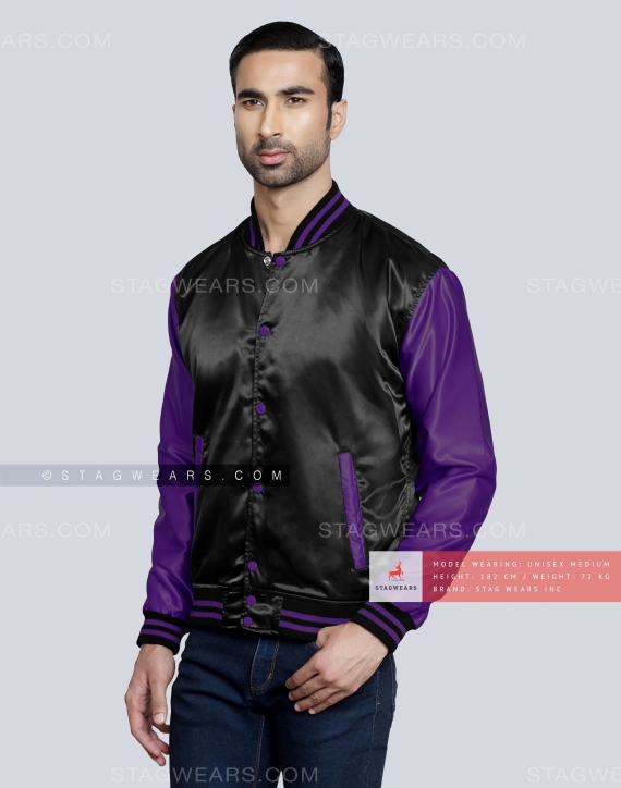 Black body with Purple sleeves Satin Varsity Jacket Front Side