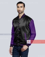 Black body with Purple sleeves Satin Varsity Jacket Front Side