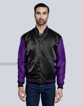 Black body with Purple sleeves Satin Varsity Jacket