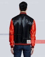 Black body with Red Sleeves Satin Varsity Jacket Back