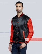 Black body with Red Sleeves Satin Varsity Jacket Front Side