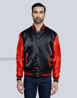 Black body with Red Sleeves Satin Girls Varsity Jacket