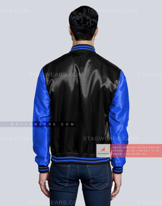 Black body with Royal Blue Sleeves Satin Baseball Jacket Back