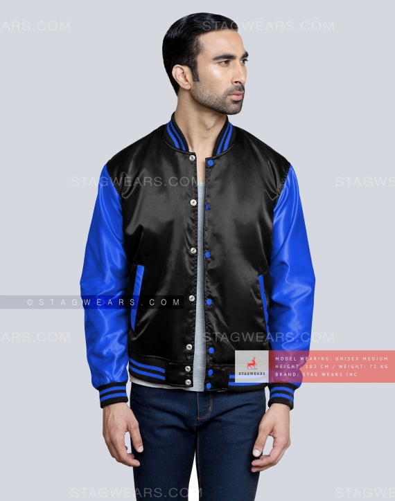Black body with Royal Blue Sleeves Satin Baseball Jacket Casual