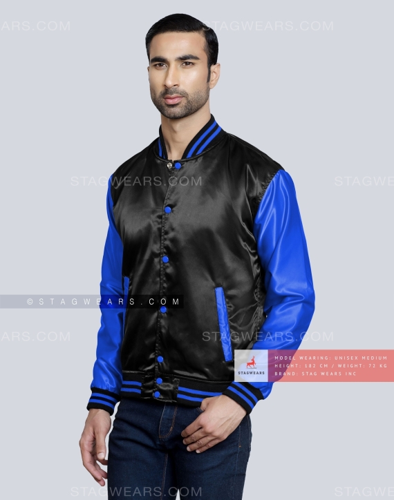 Black body with Royal Blue Sleeves Satin Baseball Jacket Front Side
