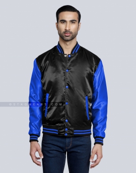 Black body with Royal Blue Sleeves Satin Baseball Jacket