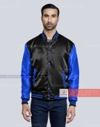 Black body with Royal Blue Sleeves Satin Baseball Jacket Front
