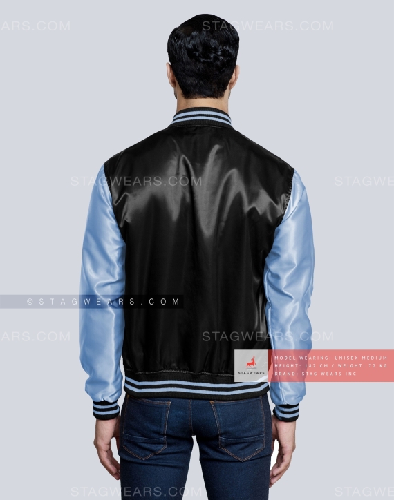 Black body with Sky Blue sleeves Satin Varsity Jacket Back