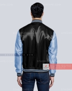Black body with Sky Blue sleeves Satin Varsity Jacket Back
