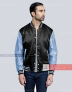 Black body with Sky Blue sleeves Satin Varsity Jacket Casual