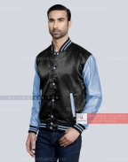 Black body with Sky Blue sleeves Satin Varsity Jacket Front Side
