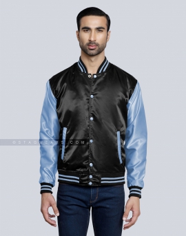 Black body with Sky Blue sleeves Satin Varsity Jacket