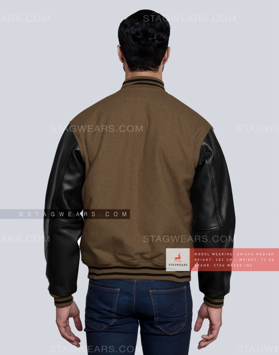 Brown Wool Body with Black Leather Sleeves Letterman Jacket Back