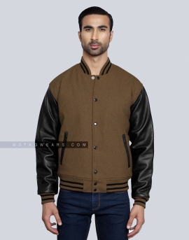 Brown Wool Body with Black Leather Sleeves Letterman Jacket