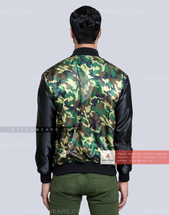 Camouflage Satin Body with Black Satin Sleeves Varsity Jacket Back