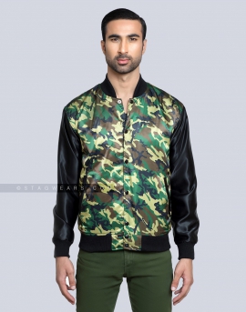Camouflage Satin Body with Black Satin Sleeves Varsity Jacket
