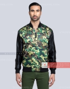 Camouflage Satin Body with Black Satin Sleeves Varsity Jacket Front