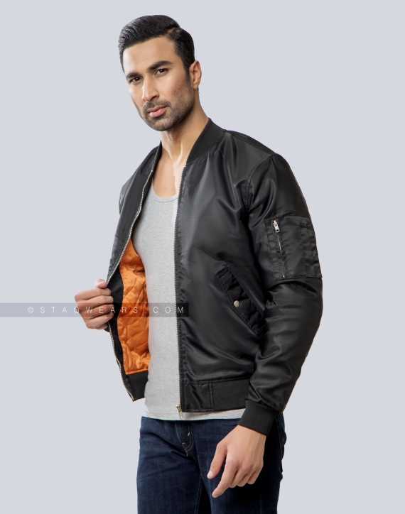 Classic Black Nylon Bomber Jacket with Orange Lining Casual