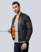 Classic Black Nylon Bomber Jacket with Orange Lining Casual