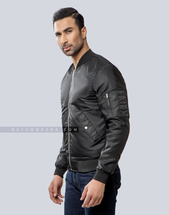 Classic Black Nylon Bomber Jacket with Orange Lining Front Side