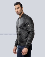 Classic Black Nylon Bomber Jacket with Orange Lining Front Side