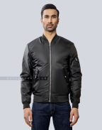 Classic Black Nylon Bomber Jacket with Orange Lining Front