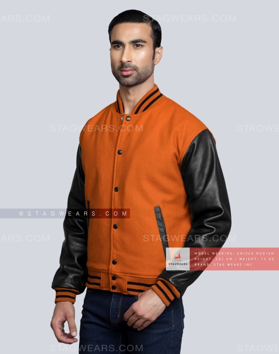 College Varsity Jacket in Orange and Black Front Side