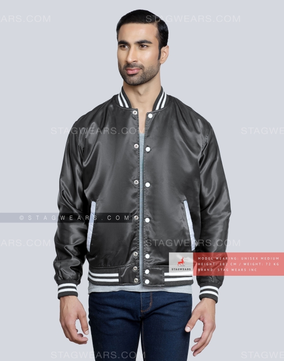 Dark Grey Grey Satin Varsity Jacket Casual
