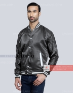 Dark Grey Grey Satin Varsity Jacket Front Side