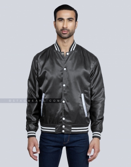 Dark Grey Grey Satin Varsity Jacket