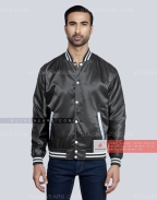 Dark Grey Grey Satin Varsity Jacket Front
