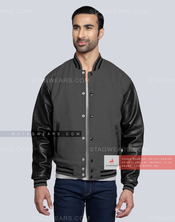 Dark Grey Wool Body with Black Leather Sleeves Letterman Jacket Casual