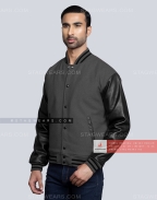 Dark Grey Wool Body with Black Leather Sleeves Letterman Jacket Front Side