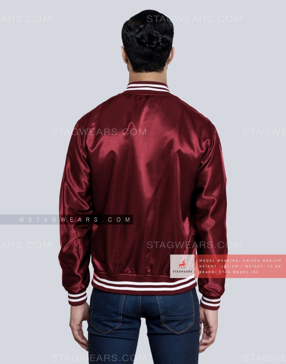 Dark Maroon Satin Varsity Jacket Back