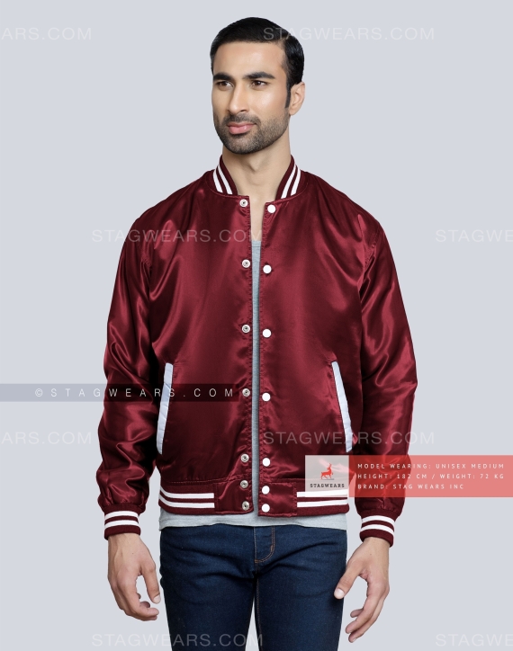 Dark Maroon Satin Varsity Jacket Casual