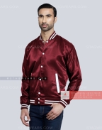 Dark Maroon Satin Varsity Jacket Front Side