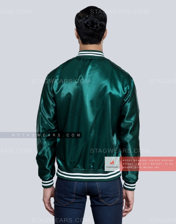 Forest Green Satin Varsity Jacket Back