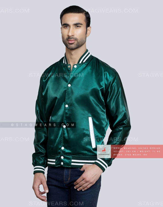 Forest Green Satin Varsity Jacket Front Side