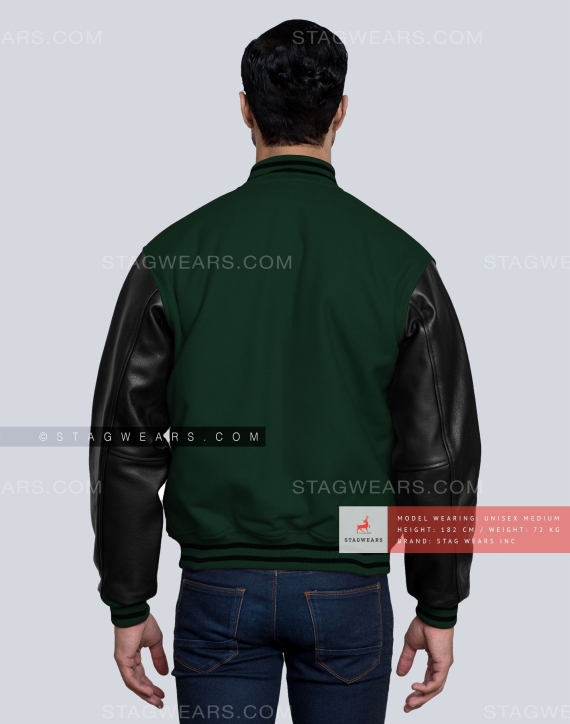 Green Wool Body with Black Leather Sleeves Varsity Jacket Back