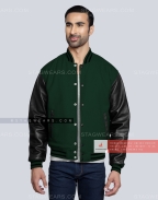 Green Wool Body with Black Leather Sleeves Varsity Jacket Casual
