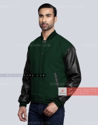 Green Wool Body with Black Leather Sleeves Varsity Jacket Front Side