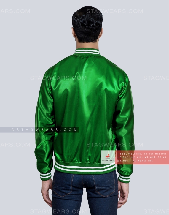 Kelly green satin varsity jacket Back