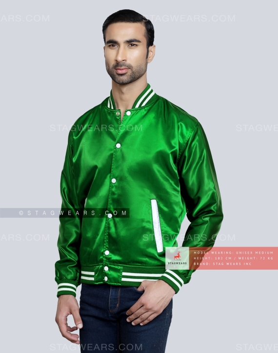 Kelly green satin varsity jacket Front Side